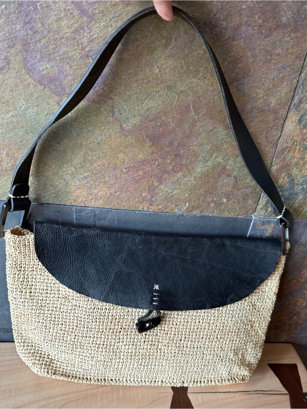 Annabel Ingall Australia Woven Straw Shoulder Bag with Black Leather Flap.